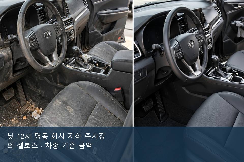 낮 12시 명동 회사 지하 주차장의 셀토스 · 차종 기준 금액
